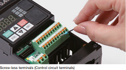 Screw-less Hitachi drive WL200 series terminals spring-type for use with solid or stranded wire with ferrules Screw-less Hitachi drive WL200 series terminals spring-type for use with solid or stranded wire with ferrules