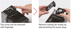 The Hitachi vfd WL200 series cooling fan can be exchanged without special tools The Hitachi vfd WL200 series cooling fan can be exchanged without special tools